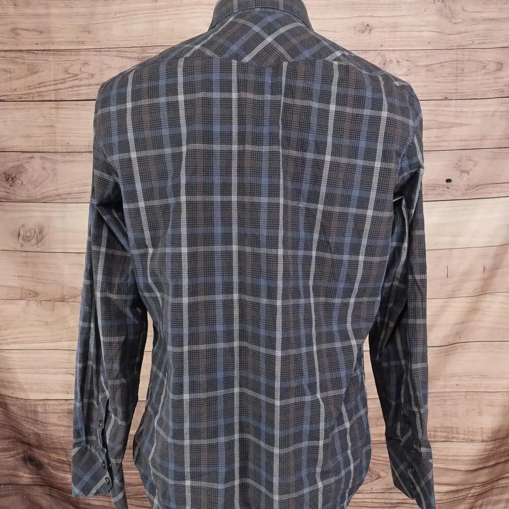 Banana Republic Shirt Mens Medium Blue Gray Plaid Western Pearl Snap Long Sleeve